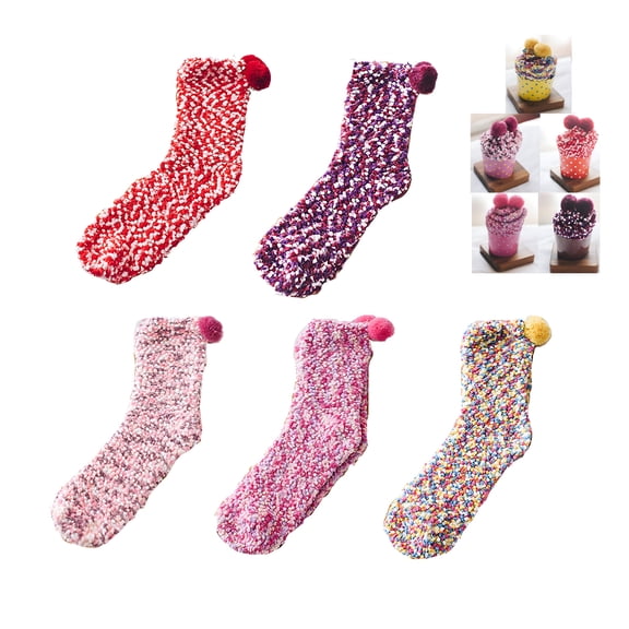 YIBONIKA 5 Pairs Womens Ultra Soft Pom-Pom Socks Fuzzy Colorful Casual Home Sleeping Cozy Floor Socks Fluffy Travel Winter Warm Sock Gifts