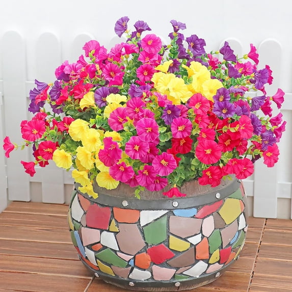 YIBUKIY 16PCS Artificial Fake Outdoor Flowers Plants, Faux Realistic Morning Glory Floral Arrangement Planter UV Resistant for Porch Patio Window Box Balcony Garden Decor (Eucalyptus 4 Colors) C108