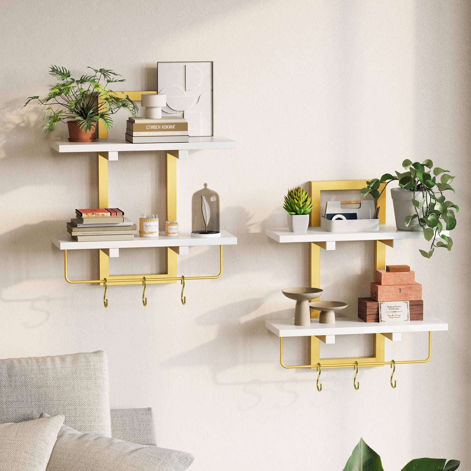 YIBUOINO Floating Shelves for Wall Wood Wall Shelf with 6 Hooks 2 Tier ...