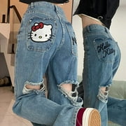 YICIYA y2k style jeans hellokitty Women Hollowed out jean Full Length baggy pants Denim STRAIGHT Trousers Aesthetic clothing New