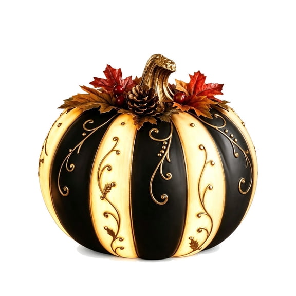 YIDIXING Black and Gold Resin Pumpkin Decor, Elegant Striped Decorative Pumpkin with Floral Scrollwork and Pinecone Top, Fall Halloween Centerpiece