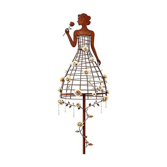 YIDIXING Brown Iron Metal Girl Garden Trellis Stake, Decorative Lady Silhouette Plant Support Stake with Wire Skirt, Rustic Yard Art for Climbing Plants