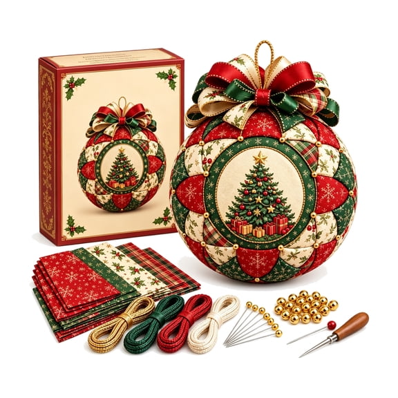 YIDIXING Christmas Tree Patchwork Ball Ornament DIY Kit, Handmade Quilted Christmas Ball Craft Set with Supplies and Box