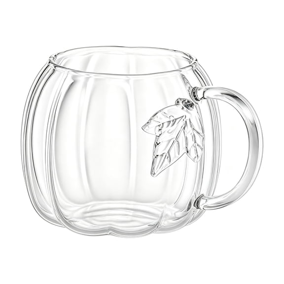 YIDIXING Clear Glass Pumpkin Mug, 3D Pumpkin Shaped Glass Coffee Cup with Glass Leaf Handle, Fall Autumn Drinkware Gift