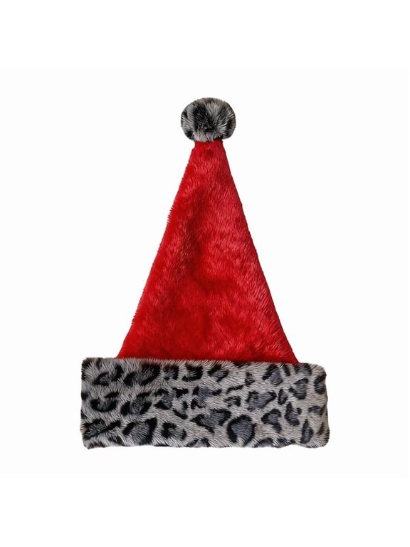 Leopard Trim Santa Hat, Red Polyester Plush Christmas Cap with Leopard Print Edge, Warm Windproof Holiday Party Headwear and Gift