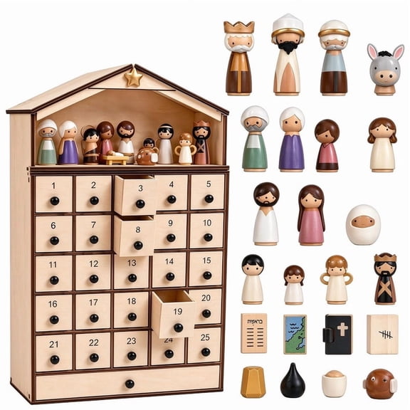 YIDIXING Multicolor Plastic Nativity Advent Calendar, 25 Drawer Christmas Countdown House with Peg Dolls, Religious Holiday Decor