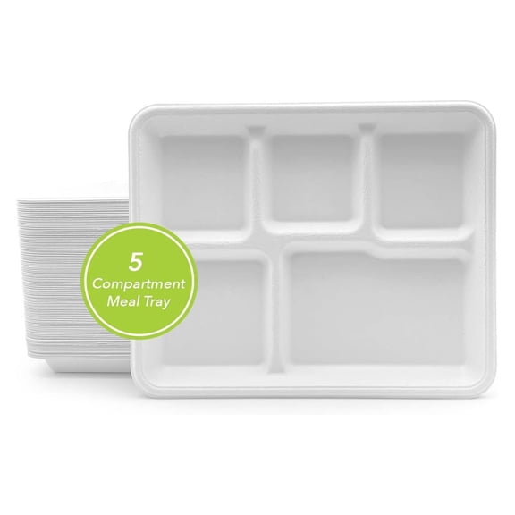 YIDOADFEAP 5 COMPARTMENT BAGASSE (SCHOOL) TRAY 150 Ct. Heavy-Duty- Super Strong- Natural- Eco-Friendly Disposable Bagasse Plates, 100% Biodegradable 5 Compartment meal Plates