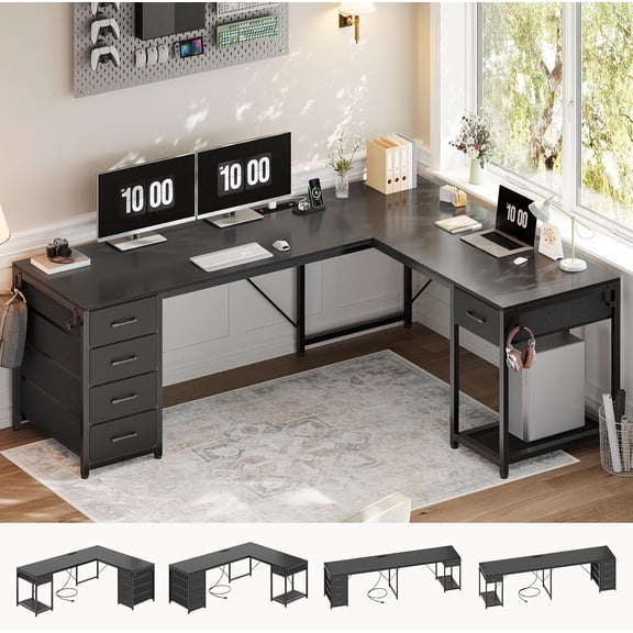 YIDUNLIFE 57" L Shaped Desk with 5 Drawers, Reversible Computer Corner Desk with Storage & Power Strip for Home Office, 78.7" Long 2 Person Desk, Black