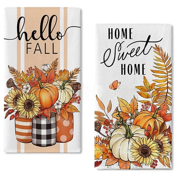 YIEMEEN 2-Pack Thanksgiving Kitchen Towels - Pumpkin Print Dish Cloths for Holiday Decor, Drying Dishes, Baking, and Autumn Table Setting