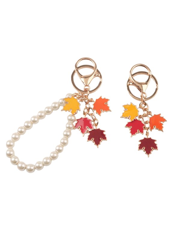 YIEMEEN 2 Pieces Maple Leaf Keychain Set Pearls Accent Key Ring Jewelry Accessories for Women Autumn Thanksgiving Christmas Gifts