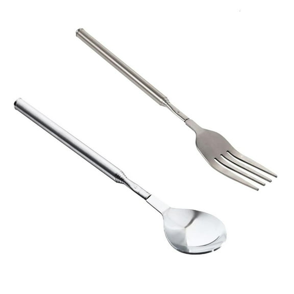 YIEMEEN 2pcs Telescoping Stainless Steel Forks Spoons Portable Extendable Cutlery with Long Handle For BBQs And Home Use