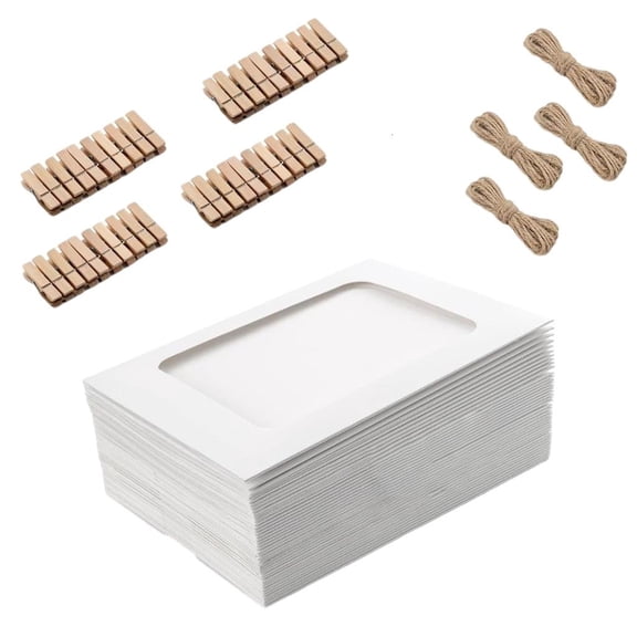 YIEMEEN 40Pieces White Paper Picture Frames Photo Display Garland Set With Wooden Clips Hanging String For Wall Art Installation