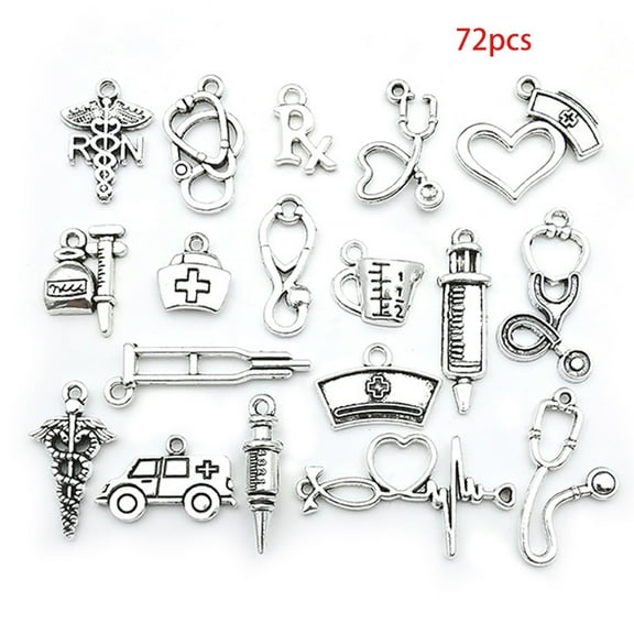 YIEMEEN 72Pcs Mixed Antique Silver Doctor Nurse Stethoscope Syringe Ambulance Pendant for DIY Necklace Bracelet Jewelry Making Crafts
