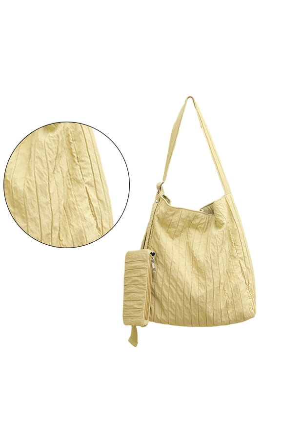 YIEMEEN Canvas Pleated Striped Shoulder Bag with Small Pouch Korean Style Solid Large Capacity Crossbody Bag Handbag for Women