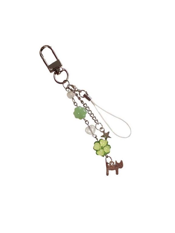 YIEMEEN Cat Charm with Four Leaf Clovers Keychain Colorful Beaded Keyring Bag Decoration