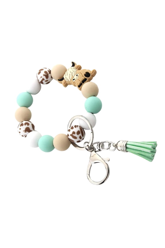 YIEMEEN Colorful Bling Highland Cow Keychain Modern Highland Cow Keychain Silicone Beaded Wristlet Keyrings Pendant for Women