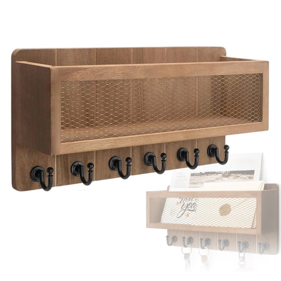 YIEMEEN Easy Install Preassembled Solid Wood Key Rack Mail Organizer Featuring 6 Hooks Storage Shelf for Neat Home Organization