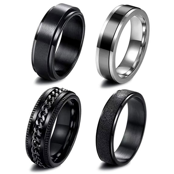 YIEMEEN Exquisite Pattern Beveled Edges Ring 4x Fidget Spinner Rings Stainless Steel Wedding Bands Rings Jewelry for Daily Wear