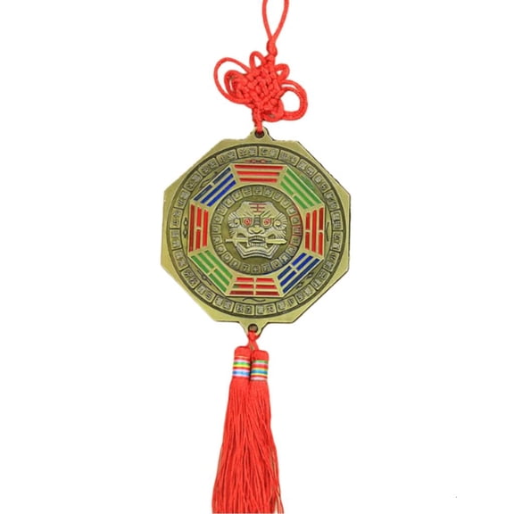 YIEMEEN Fengshui Bagua Mirror Ornament for Home or Car Decors with Lion Biting Swords and Chinese Knots Tassels Pendant Charm