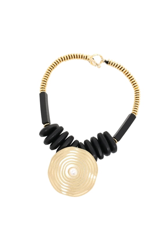 YIEMEEN Gold Accent Wooden Bead Necklace Circular Pendant Jewelry For Everyday Wear