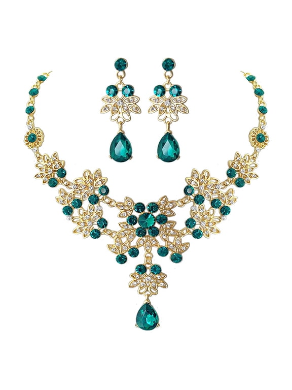 YIEMEEN Gorgeous Crystal Green for Rhinestone Teardrop Cluster Necklace Earrings Set Jewelry for Proposal Wedding Anniversary