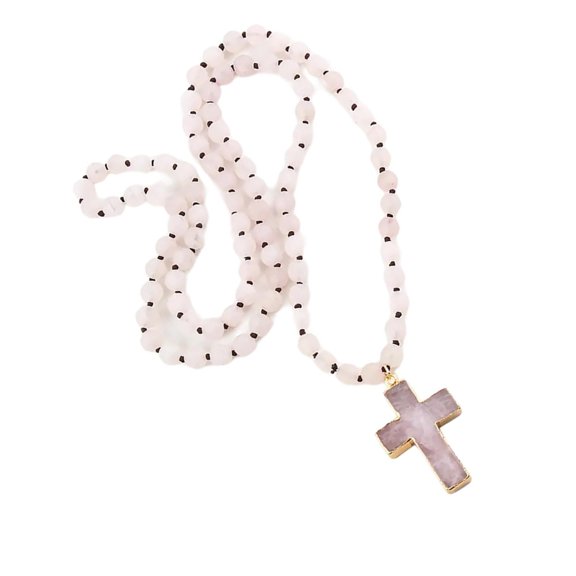 YIEMEEN Handcrafted 8mm Beaded Stone Necklace with Crucifix Pendant Bohemian Neckchain