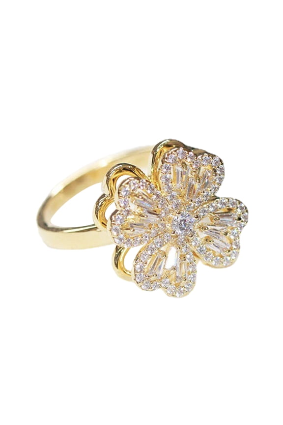 YIEMEEN Lucky Clover Korean Temperament Diamond-encrusted Rotatable Gold-plated Ring