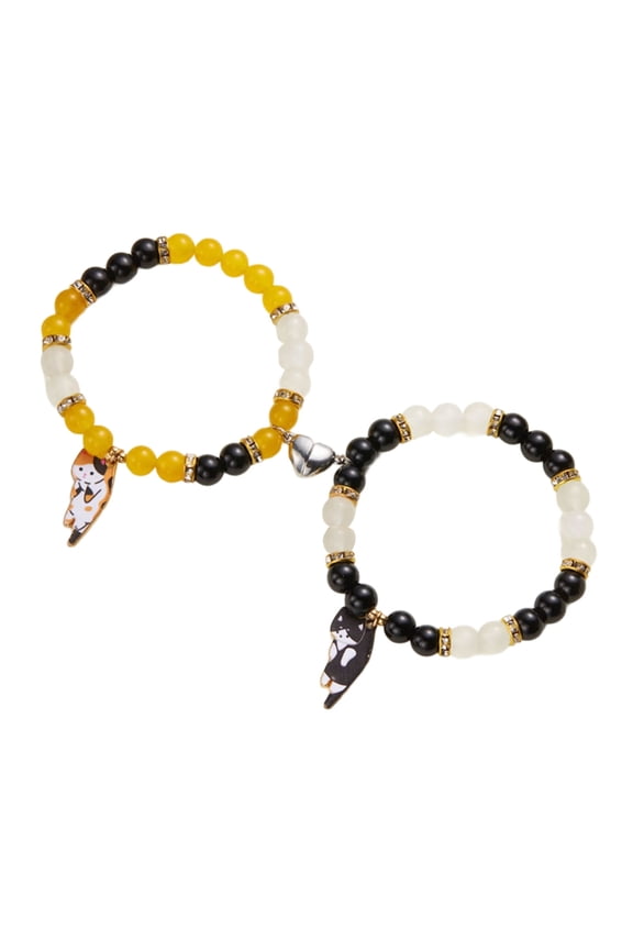 Set of 2 Elegant Magnetic Clasp Handchain Cats Charm Beaded Bracelet for Fashionable Women Adjustable Wristchain