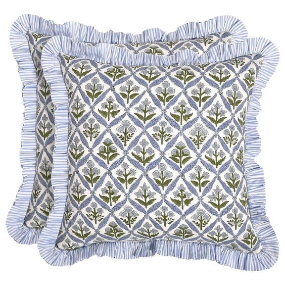 YIEMEEN Set of 2 Vintage Ruffled Trim Flower Print Pillow Case Washable Polyester Fabric