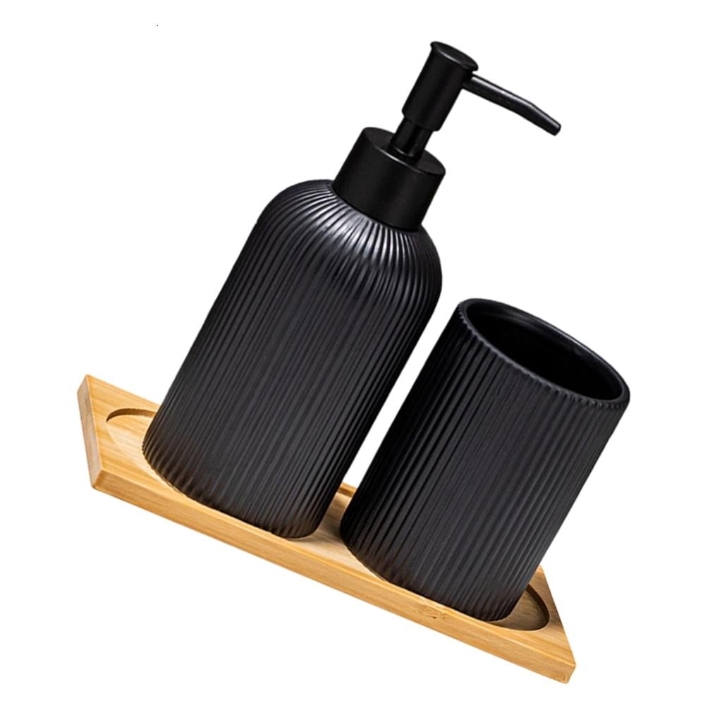 YIEMEEN Set of 3 Ceramic Soap Dispenser Set with Wood Storage Tray and Toothbrush Cup