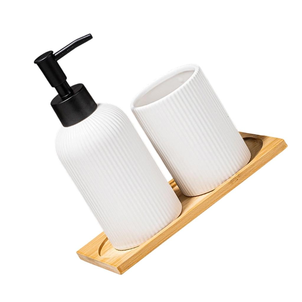 YIEMEEN Set of 3 Ceramic Soap Dispenser Set with Wood Storage Tray and Toothbrush Cup