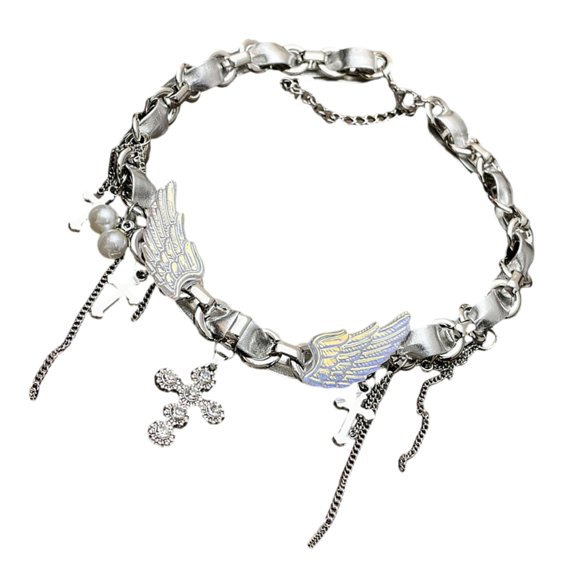 YIEMEEN Unique Silver Winged and Crucifix Pendant Necklace Adjustable Length Neckchain
