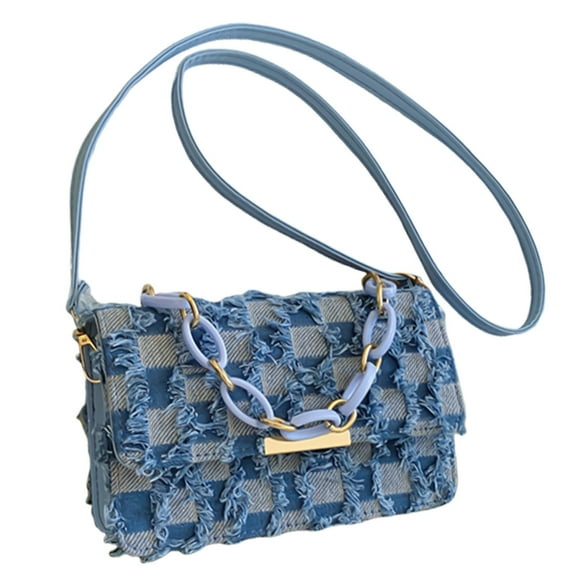 YIEMEEN Women Jeans Handbag with Chain Denims Tassels Checkered Crossbody Shoulder Bag