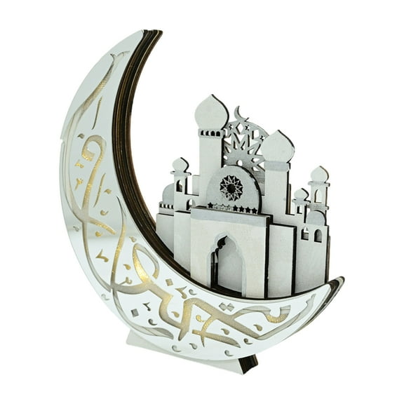 YIEMEEN Wood Eid Decors Moon Castles Sculpture with LED Light for Celebration Ornament