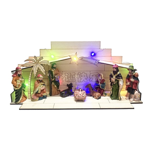 YIEMEEN Wooden Nativity Scene Figurine LED Lighted Tabletop Statue Chic Holiday Ornament