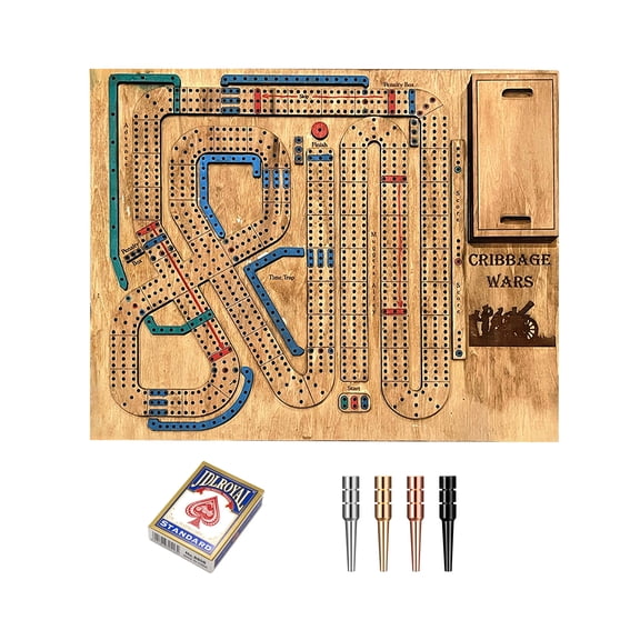 YIFAEUX 1 Set Cribbage Wars Board Game with Playing Cards Pegs Wooden Interactive Portable Continuous Cribbage Game Travel Family Party Game