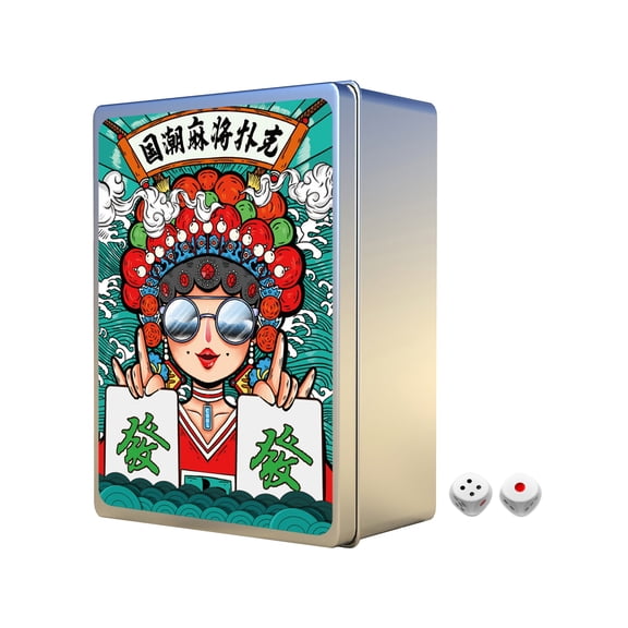 YIFAEUX 1 Set Mahjong Playing Card with Dice Chinese Traditional Opera Print Waterproof Portable Mini Paper Mah Jongg Poker Card Travel Family Card Game