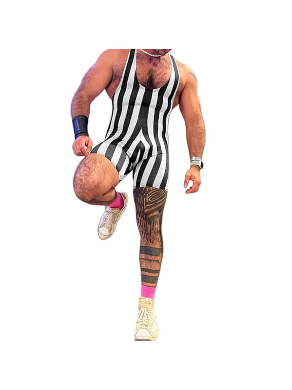 Men Fitness Bodysuit Sleeveless Deep U Neckline Striped Jumpsuit Gym Athletic Supporters Boxers Wrestling Singlets Leotard Tank Top Undershirts Shorts Shapewear