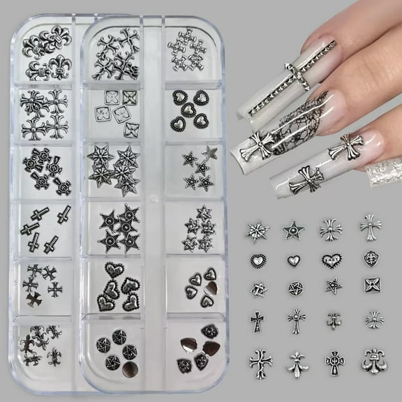 120 pcs Silver Cross Nail Charms 2-Pack (60pcs per Pack) 3D Nail Art Accessories & DIY Metallic Silver Cross Charms for Manicure
