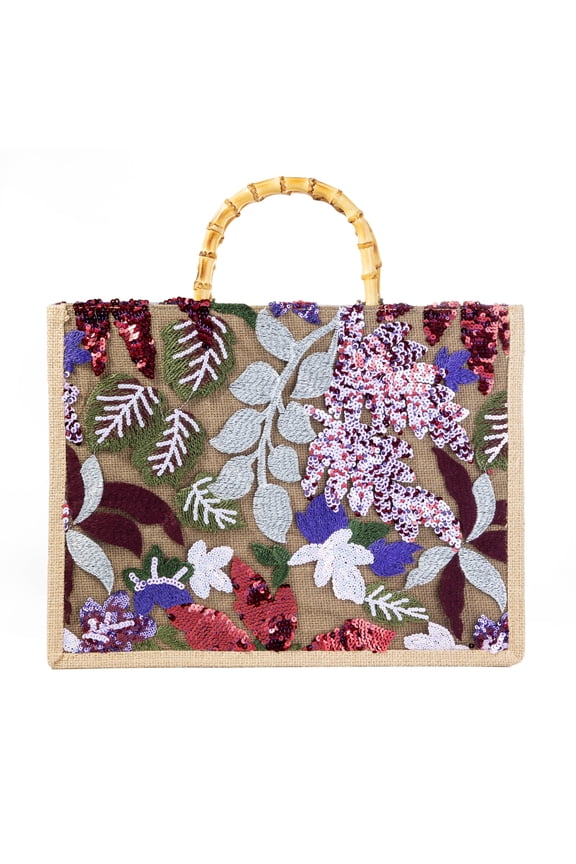 Bamboo Handle Sequin Embroidered Floral Tote Bag Evening Handbag for Wedding Party