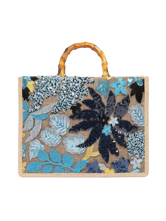 Bamboo Handle Sequin Embroidered Floral Tote Bag Evening Handbag for Wedding Party