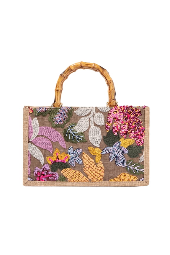 Bamboo Handle Sequin Embroidered Tote Floral Clutch Evening Bag for Wedding Party