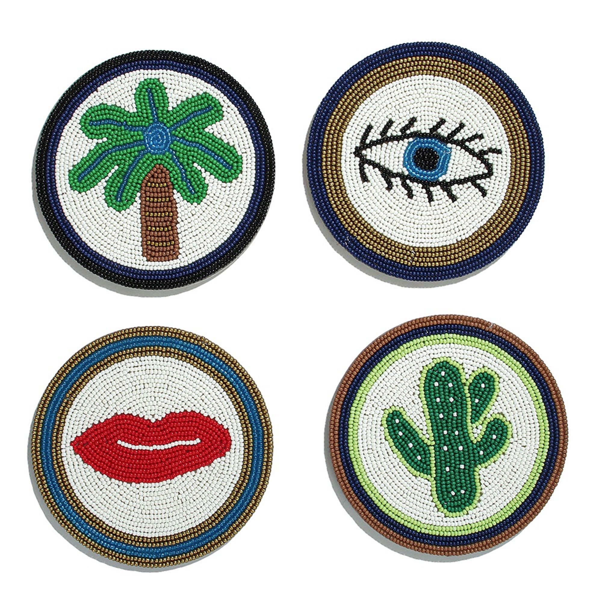 YIFEI Diamond Art Coasters Kit with Holder 4 Pcs Evil Eye Palm Tree Lips Cactus Diamond Painting Coasters DIY Craft Kit for Adults Beginners Gift