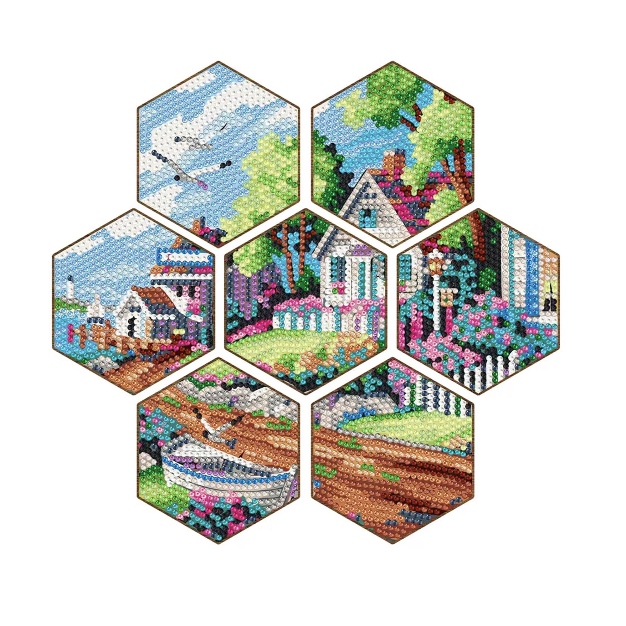YIFEI Hexagon Diamond Art Coasters Kit with Holder 7 Pcs Coastal Cottage Diamond Painting Coasters Seaside Village DIY Craft Kit for Adults Beginners Gift