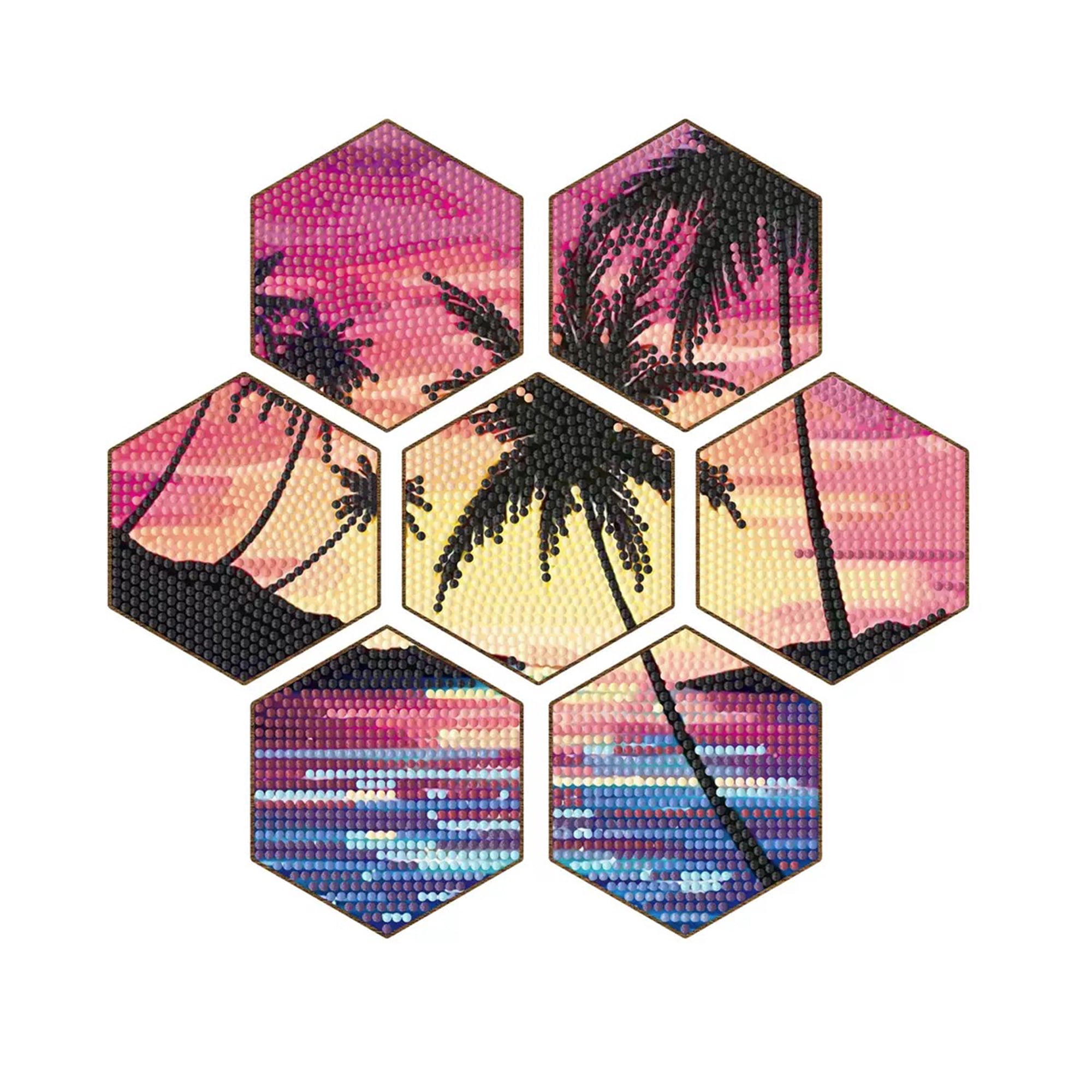 YIFEI Hexagon Diamond Art Coasters Kit with Holder 7 Pcs Tropical Sunset Diamond Painting Coasters Palm Tree Beach Ocean DIY Craft Kit for Adults Beginners Gift