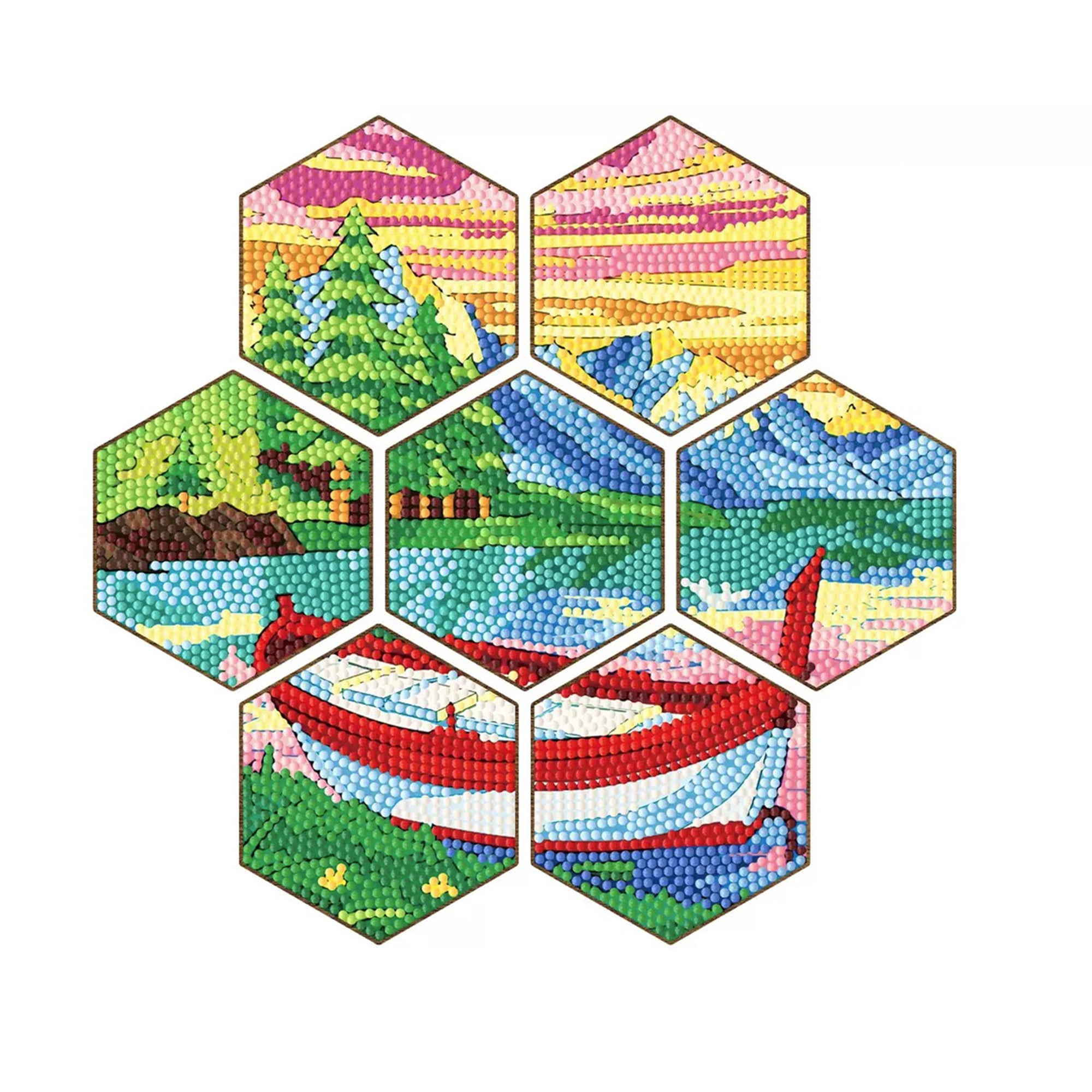 YIFEI Hexagon Diamond Art Coasters Kit with Holder 7 Pcs Sunset Oasis Lake Boat Diamond Painting Coasters for Adults Beginners Gift