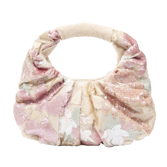 YIFEI Linen Pink Sakura Sequin Embroidered Handbag Evening Clutch