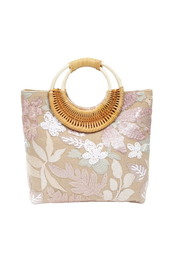 Linen Pink Sakura Sequin Embroidered Handbag Evening Tote for Wedding Party