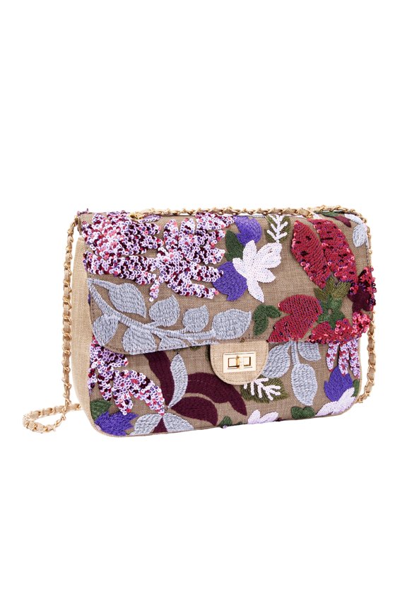 Linen Sequin Embroidered Floral Bag with Linen-Woven Chain Strap