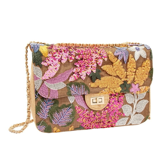 YIFEI Linen Sequin Embroidered Floral Bag with Linen-Woven Chain Strap